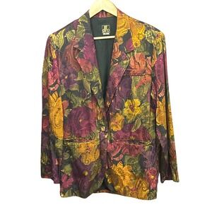 Vintage San Moire Brocade Floral Blazer Jewel Tone Jacket Sz 6 Dark Cottagecore
